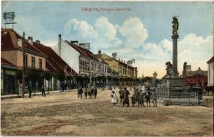 1915 Galgóc, Hlohovec; Ferenc József tér, Szentháromság szobor, borbély, gyógyszertár, üzletek. Bródy Simon kiadása / square, Trinity statue, shops, pharmacy, barber (EK)