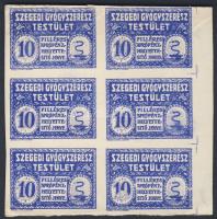 DN Szeged, Szegedi Gyógyszerész Testület 10f kék színben 6-os tömbben kartonpapíron, hátoldalon fordított nyomatban 4 teljes + 4x1/2 bankjegyképpel (próba?!) T:I