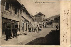 1906 Körmöcbánya, Kremnitz, Kremnica; utcakép, Süsz Mari, Klein Armin, Tandrics Fülöp, Frank és Varga üzlete / street view with shops (EK)