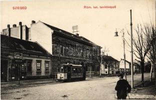 Szeged, Római katolikus tanítóépző, üzlet, Schicht szappan reklámja, villamos. Kiadja Alth Lajos