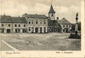 1906 Nagybiccse, Nagy-Bittse, Bytca; Fő tér, üzletek / main square, shops, statue