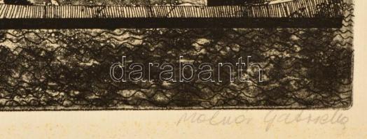 Molnár Gabriella (1940-): Malom. Rézkarc, papír, jelzett,  fa keretben, 25×19 cm