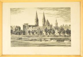 Paulovits Pál (1892-1975): Szeged Tisza-part. Rézkarc, papír, jelzett, üvegezett keretben, 28×44 cm