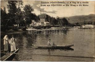 1909 Pöstyén, Piestany; Vág folyó és a fürdők, csónakázók / Vah river and spas, boats