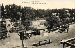 Pöstyén, Piestany; Vág folyó, hajóhíd, lovaskocsi / Vah river, pontoon bridge, horse cart