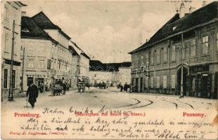 1901 Pozsony, Pressburg, Bratislava; Piac tér, Tek János és Manigl A. üzlete / Marktplatz mit Stock im Eisen / street view with shops