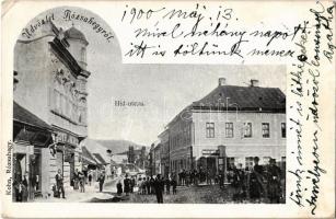 1900 Rózsahegy, Ruzomberok; Híd utca, Rosenzweig Ignác és Róth Jakab üzlete. Kohn kiadása / street view with shops (EK)