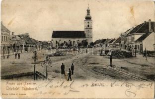 1904 Szenice, Szenicz, Senitz, Senica nad Myjavou; Piac tér, templom. Löffler J. kiadása / market square, church