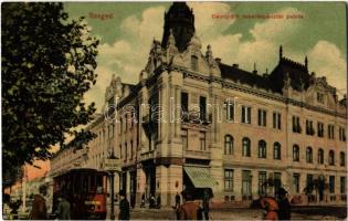 1912 Szeged, Csongrádi Takarékpénztár Palota, Gyógyszertár, Schwarcz üzlete, SZKV megállóhely, villamos