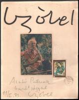 Czóbel Béla (1883 - 1976) Arató Pál zongoraművésznek dedikált képe és egy általa tervezett bélyeg alkalmi bélyegéssel