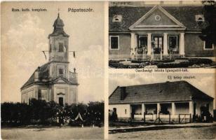 1931 Pápateszér, Római katolikus templom zászlókkal feldíszítve, Gazdasági iskola igazgatói lak (Esterházy kastély), új telep (EK)