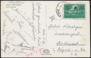 1950 Az FTC/ÉDOSZ játékosainak (Lakat Károly, Csoknyai, Horváth, stb.) aláírásai Hévízről küldött levelezőlapon