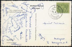 1956 Az Aranycsapat tagjainak (Kocsis, Buzánszky, stb.) aláírásai Portugáliából küldött levelezőlapon
