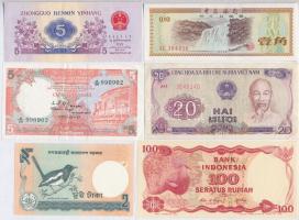 Vegyes 6db-os külföldi papírpénz tétel, benne kínai, indonéz, ceyloni és vietnámi bankjegyek T:I-III