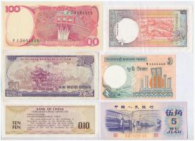 Vegyes 6db-os külföldi papírpénz tétel, benne kínai, indonéz, ceyloni és vietnámi bankjegyek T:I-III