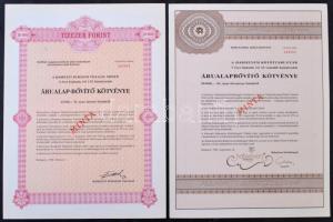 1986. A Komplett Ruházati Vállalat, Szeged árualap-bővítő kötvénye 10.000Ft értékben piros MINTA felülnyomással, tájékoztatóval, szelvényekkel + Habselyem Kötöttárugyár árualap-bővítő kötvénye 50.000Ft értékben piros MINTA felülnyomással, tájékoztatóval, szelvényekkel T:1