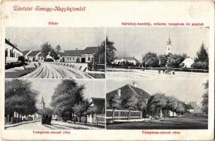 1918 Nagybajom (Somogy), Fő tér, Templom utca, Sárközy kastély, Református templom és paplak (EK)