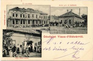 1904 Tiszaföldvár, Új városház építés közben, Artézi gőz és kádfürdő, Bíró Albert üzlete és saját kiadása (EK)