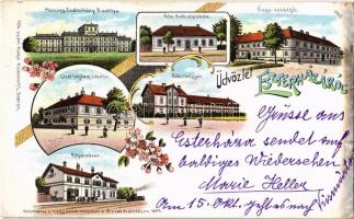 Eszterháza (Fertőd), Herceg Eszterházy kastély, Római katolikus népiskola, Nádszövőgyár, Nagy vendéglő, Liszt hajdani lakása, vasútállomás. Kitüntetve a nagy ezüst éremmel a Nizzai Kiállításon 1899-ben. Kummert L. 136. Art Nouveau, floral, litho (EK)