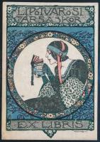1913 Faragó Géza (1877-1928): Lipótvárosi Társaskör, színes szecessziós ex libris. Klisé, papír, jelzett a klisén, 9x6 cm