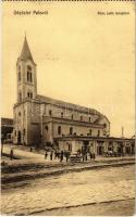 Paks, Római katolikus templom, üzletek. Kiadja Wiener Hajman - képeslapfüzetből / from postcard booklet