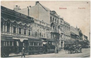 1909 Debrecen, Piac utca, Központi Bank, városi vasút vonat. Thaisz Arthur előbb Pongrácz Géza kiadása