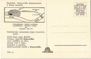 Budapest XXII. Budafok, Kutyavilla, terasz, belső étterem + Kutyavilla halászcsárda reklám