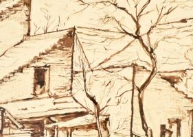 Sostarics Lajos (1896-1968): Óbuda, Zápor utca, tus, papír, jelzett, kartonra ragasztva, 21,5×30 cm