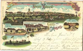 1902 Holics, Holic; Szarvasvadászat, Régi piac, Lóverseny, Fő utca, vár, Malovány üzlete / deer hunting, old market square, main street, horse race, castle, shop. Kunstanstalt Karl Schwidernoch Art Nouveau, floral, litho (EK)