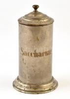 cca 1900 Saccharum - gyógyszertári fém cukortartó, kopott, m: 19,5 cm / pharmacy sugar bowl, metal, with faults