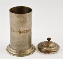 cca 1900 Saccharum - gyógyszertári fém cukortartó, kopott, m: 19,5 cm / pharmacy sugar bowl, metal, ...