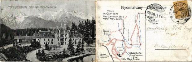 1908 Tátra, Tatry; Móry szálló Újcsorbán. kihajtható reklámlap térképpel / Nové Strbské Pleso / hotel, lake. folding advertisement card with map