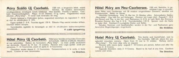 1908 Tátra, Tatry; Móry szálló Újcsorbán. kihajtható reklámlap térképpel / Nové Strbské Pleso / hote...