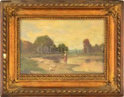 Neogrády László (1896-1962): Libapásztorlány. Olaj, karton, festék hibákkal, üvegezett hibás keretbe...