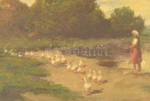 Neogrády László (1896-1962): Libapásztorlány. Olaj, karton, festék hibákkal, üvegezett hibás keretbe...