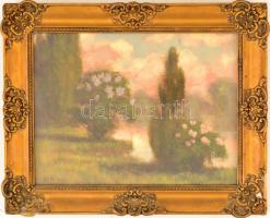 Jakab Károly (1904-1994): Tó part. Olaj, falemez, jelzett, üvegezett keretben, 17,5×23,5 cm