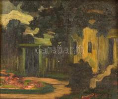 Moldvai Krajna János (1875-1945): Öreg házaspár a kertben. Olaj, vászon, jelzett, 26×31 cm