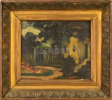 Moldvai Krajna János (1875-1945): Öreg házaspár a kertben. Olaj, vászon, jelzett, 26×31 cm