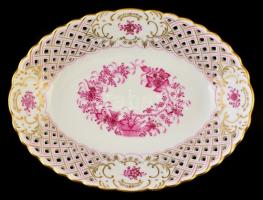 Herendi Indiai kosár mintás áttört porcelán tál. Kézzel festett, jelzett, hibátlan. 24 cm