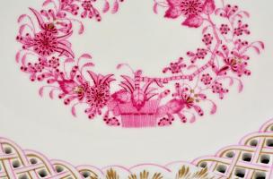 Herendi Indiai kosár mintás áttört porcelán tál. Kézzel festett, jelzett, hibátlan. 24 cm