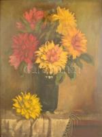 Ifj. Czene Béla (1911-1999): Virágcsendélet. Olaj, vászon, jelzett, üvegezett hibás keretben, 80×60 cm