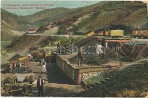 1915 Mehádia, Mehadia; Kőszénbánya Uránia tárna, iparvasút, bányászok / Kohlenbergbau Uránia Stollen / coal mine, industrial railway with miners (EK)