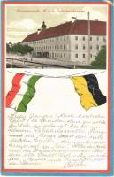 1915 Nagyszeben, Hermannstadt, Sibiu; Cs. és kir. Gyalogsági laktanya, zászlók / K.u.K. Infanteriekaserne / Austro-Hungarian infantry military barracks. Hungarian and Habsburg Monarchy flags (EK)