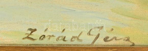 Zórád Géza (1896-1959): Kaszáló férfi a tópartnál. Olaj, vászon, jelzett, hibás keretben, 60×80 cm