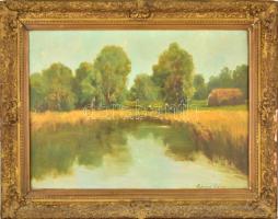 Zórád Géza (1896-1959): Kaszáló férfi a tópartnál. Olaj, vászon, jelzett, hibás keretben, 60×80 cm