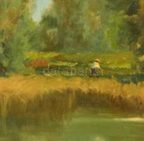Zórád Géza (1896-1959): Kaszáló férfi a tópartnál. Olaj, vászon, jelzett, hibás keretben, 60×80 cm
