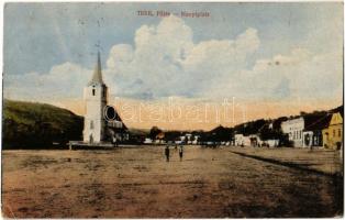 1918 Teke, Tekendorf, Teaca; Hauptplatz / Fő tér, Szász evangélikus templom. Kiadja a Fogyasztási Szövetkezet / main square, Lutheran church (EK)