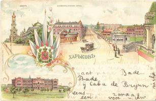 1904 Kharkiv, Kharkov, Harkov, Chárkiv, Charkow; cathedral, Yekaterinoslav street, real school, horse-drawn tram, coat of arms. Art Nouveau, floral, litho (EK)