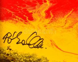 Póka György (1944- ): Színek harca, zománc, farost, jelzett, fa keretben, 31×34 cm