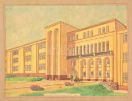 Szabados jelzéssel: Magyar Optikai Művek H épület 1942. Akvarell-tus, papír (hajtott), paszpartuban, 42×56 cm